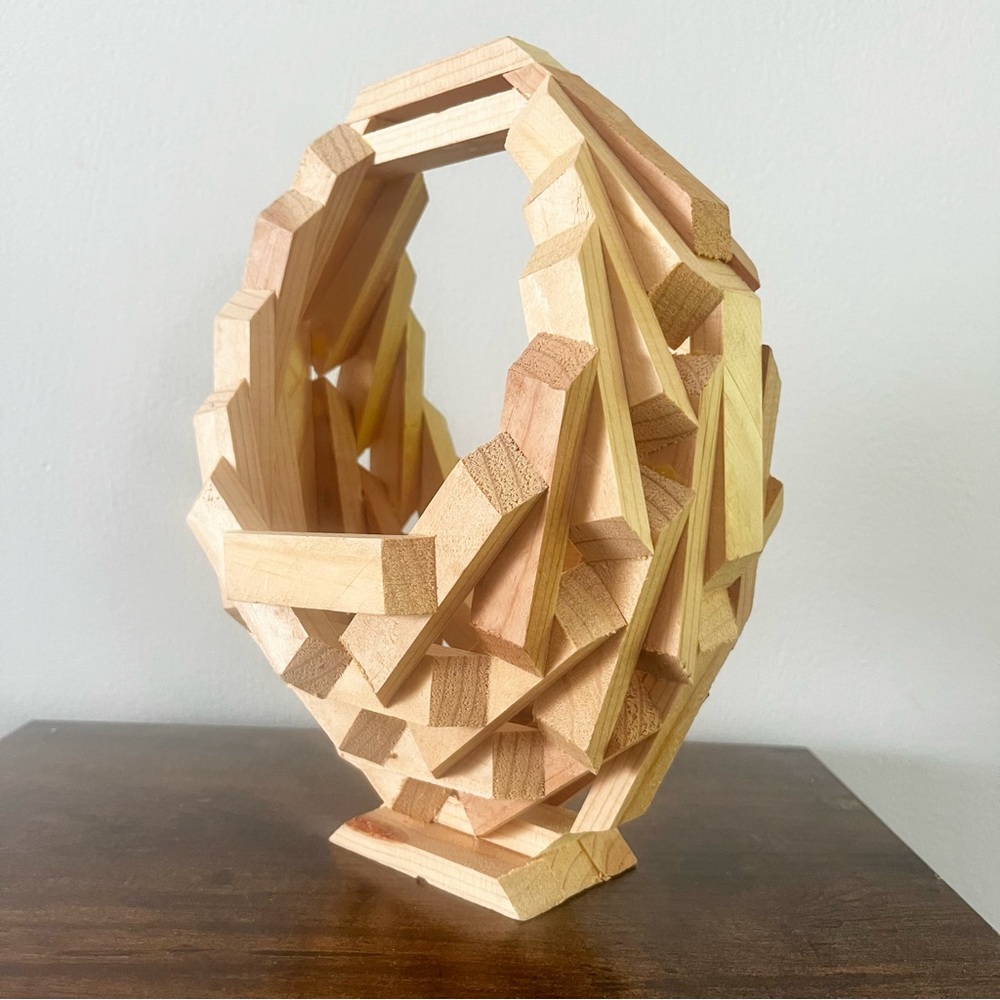 Vintage Midcentury Wood Block Geometric Handmade Fruit Basket Planter Retro SM